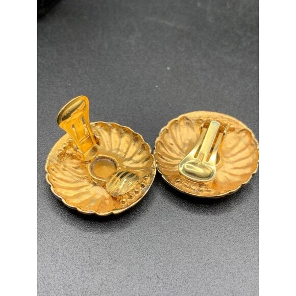 Rhinestones Earrings 80s Chunky Gold Tone Clear Rivoli Rhinestones Round Clips - Picture 5 of 6